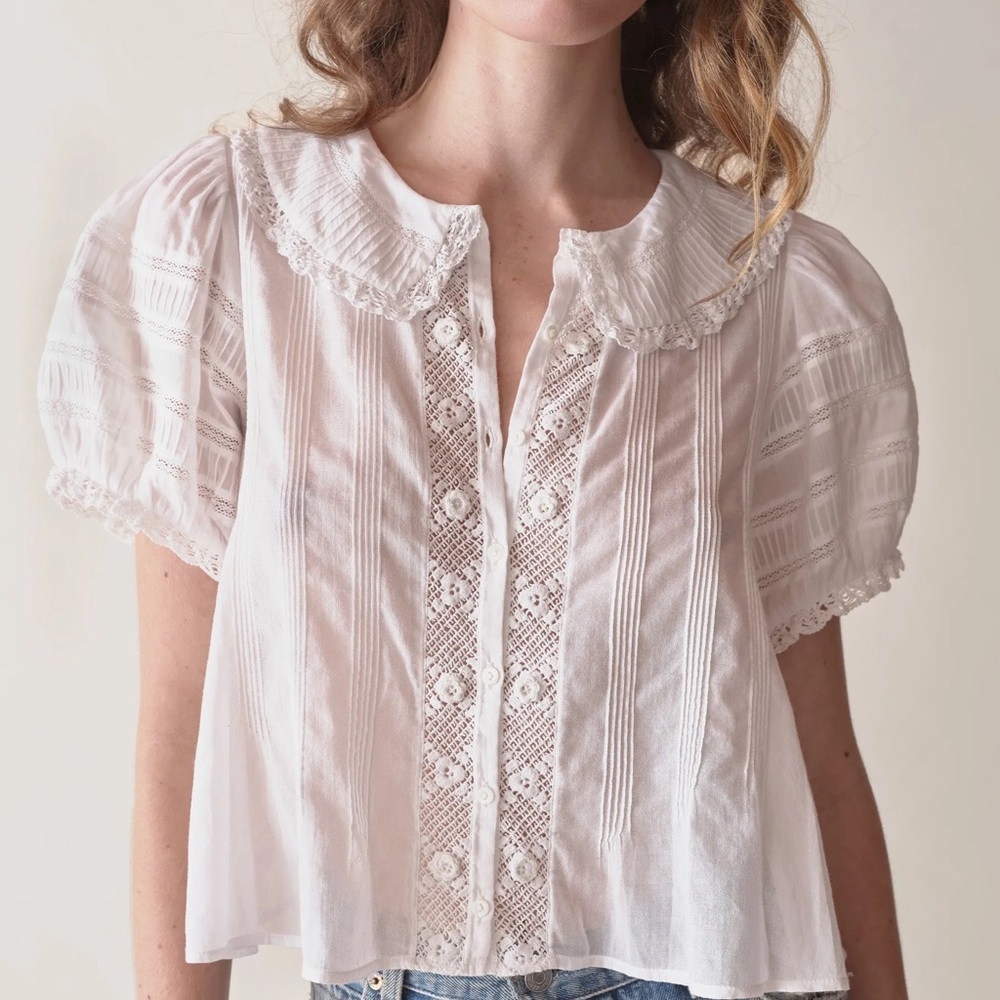 DÔEN Bernadine Top White Lace Trim Blouse